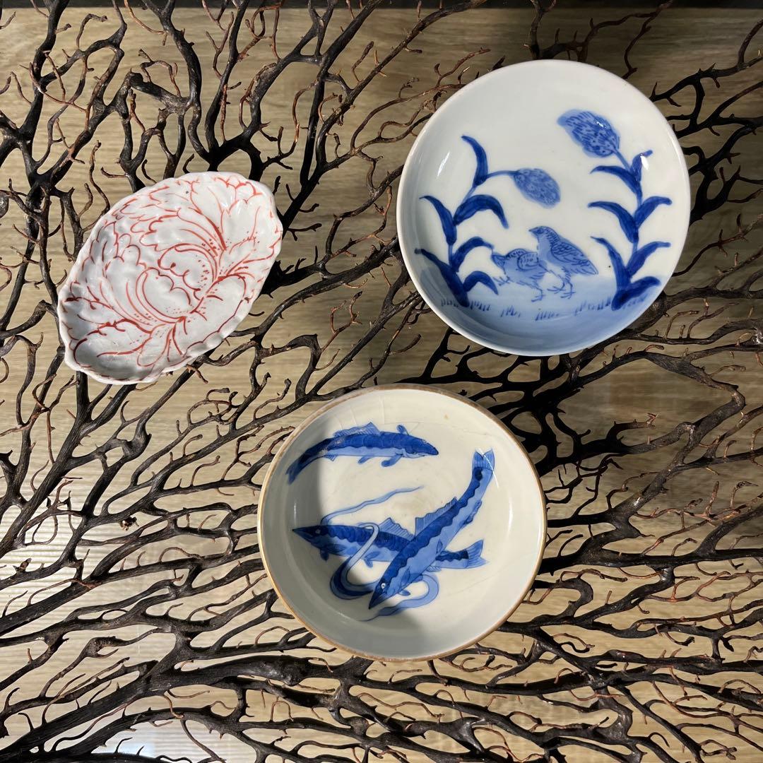 骨董　古伊万里　九谷　古染付　希少　鮎　遊魚　図案　豆皿　※難あり、参考品用