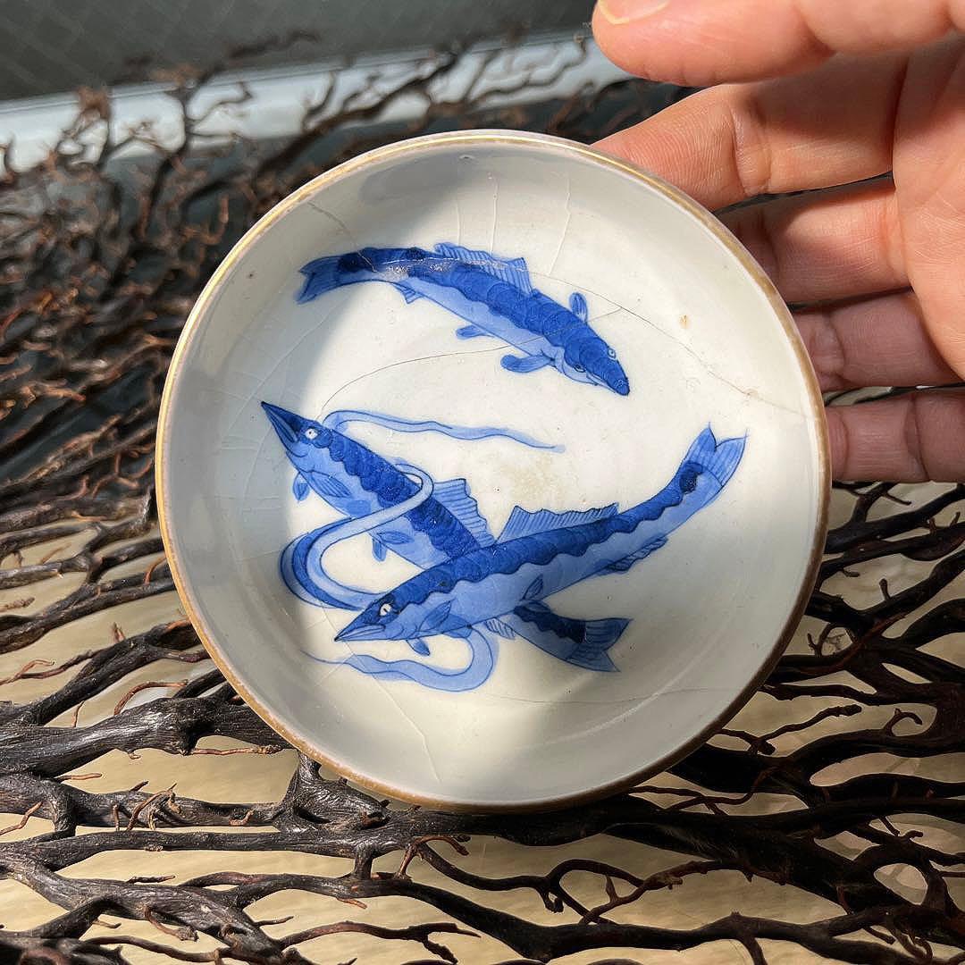 骨董　古伊万里　九谷　古染付　希少　鮎　遊魚　図案　豆皿　※難あり、参考品用