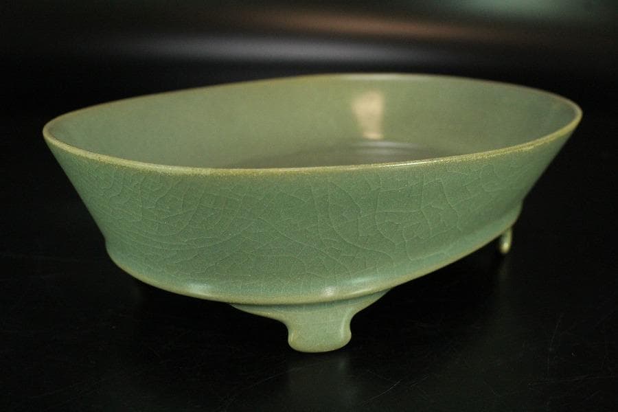 中国美術 青釉 楕円形 洗 碗 17.5cm(K-LC678)