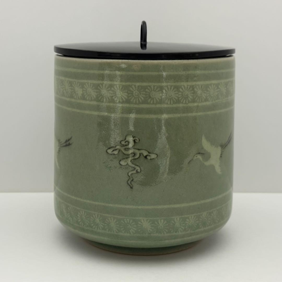 茶道具 柳海剛 青磁 雲鶴 一重口 水指 青瓷 茶道