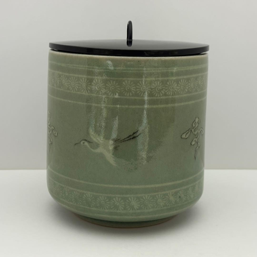 茶道具 柳海剛 青磁 雲鶴 一重口 水指 青瓷 茶道