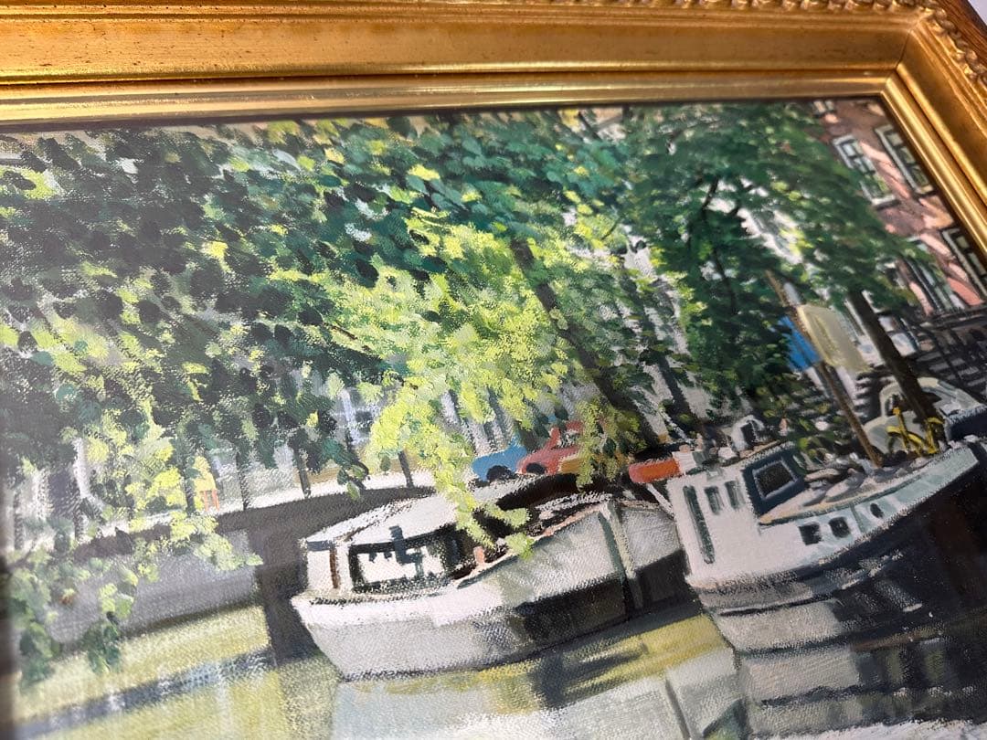 真作　石川滋彦 油絵pv-509 「五月の運河」サイン裏書有 油彩 油画 絵画