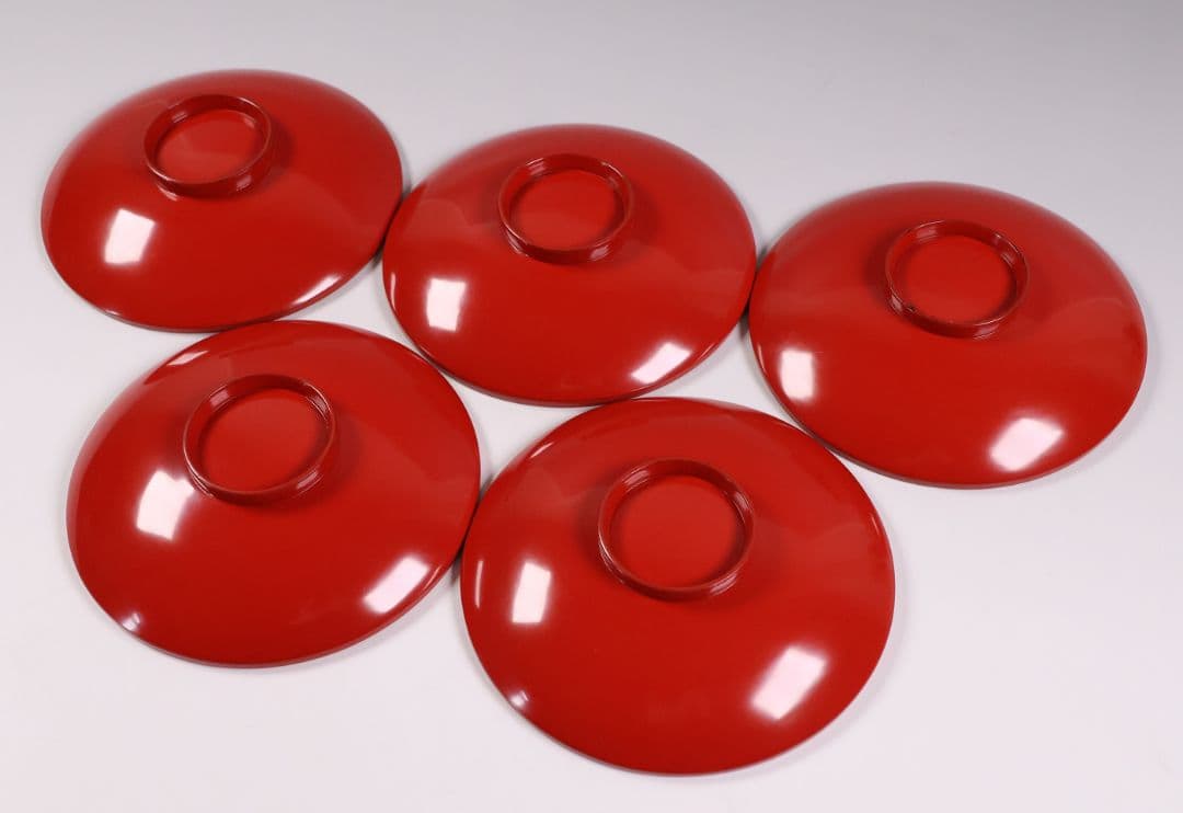 【CM375】時代木製漆器 光琳写 金蒔絵 群鶴図 朱塗 引盃 五客 小皿 杯