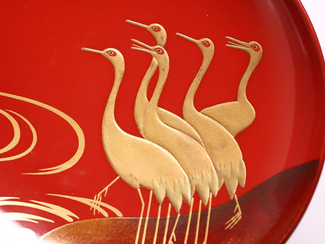 【CM375】時代木製漆器 光琳写 金蒔絵 群鶴図 朱塗 引盃 五客 小皿 杯