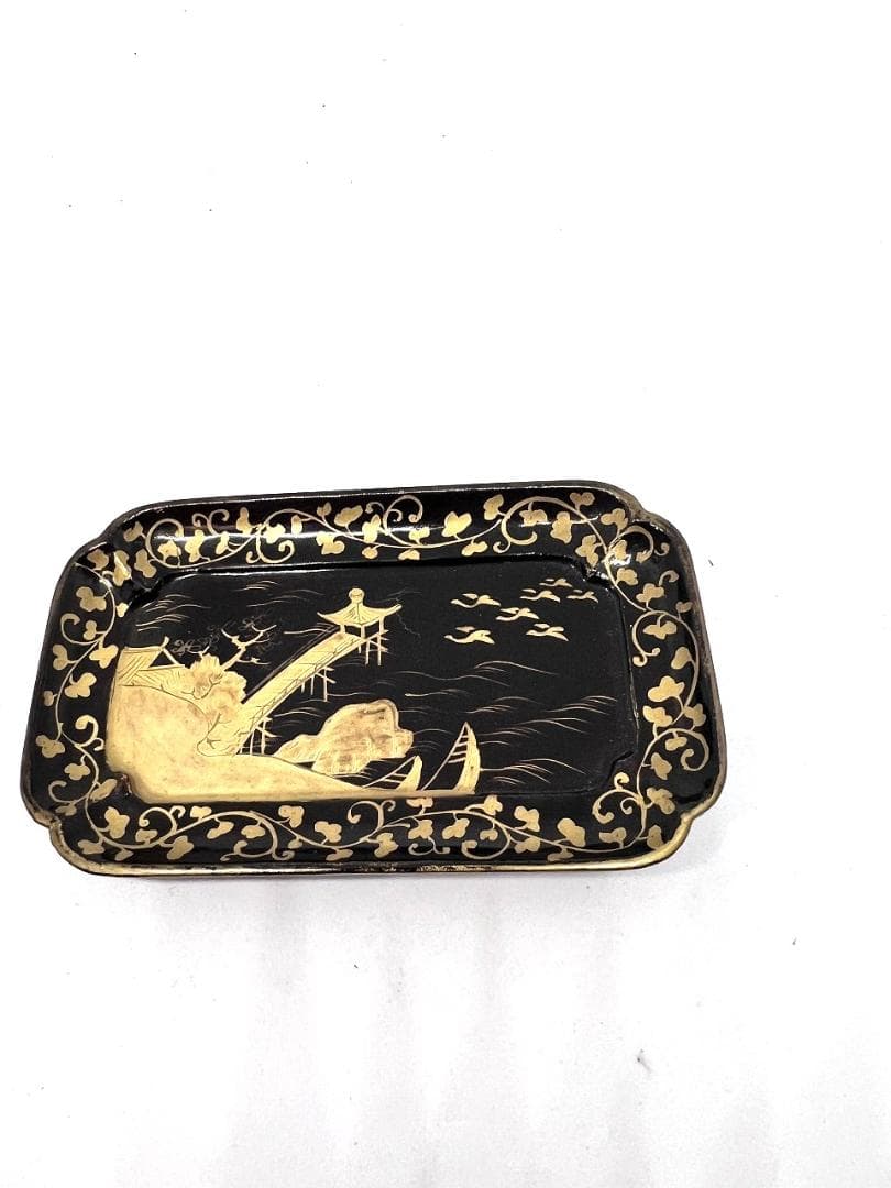 蒔絵山水紋弘盆　江戸期　共箱　漆器 金箔装飾 長方形皿 木箱付き