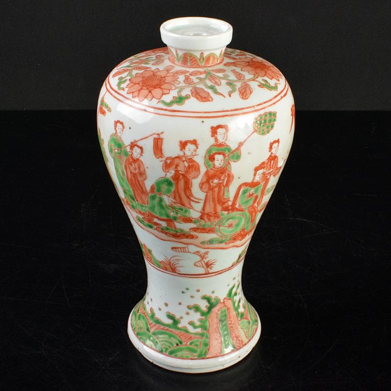 中国　大明萬暦年製款　赤絵　鳳凰人物文　梅瓶　V　R7283