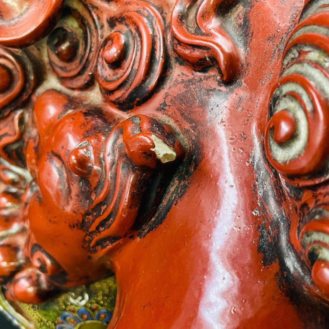 旧家蔵出し 九谷焼 玉乗り獅子 赤獅子 シーサー 狛犬 置物 魔除け 28cm