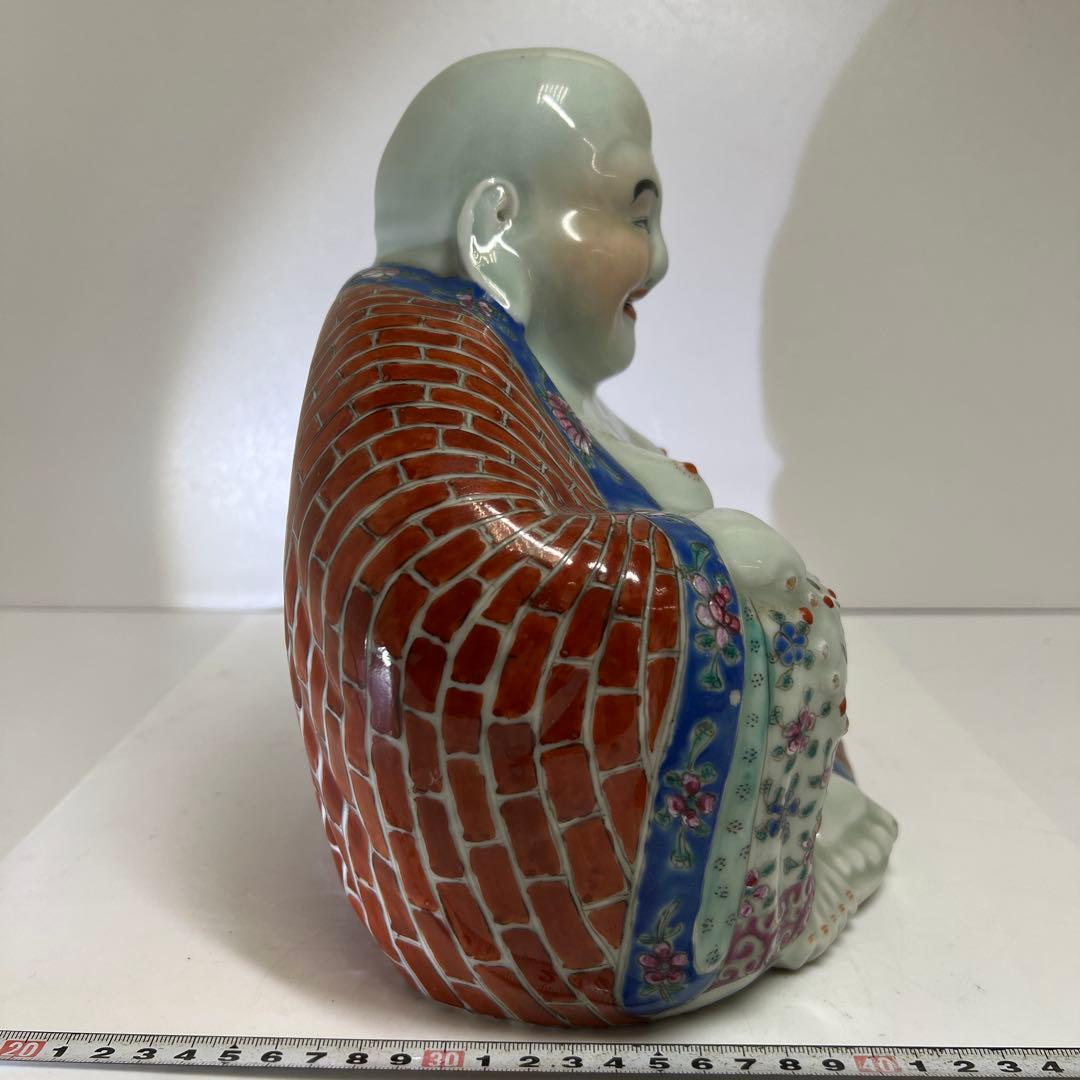 中国景徳鎮　羅漢肝嶺上　朱義順作　粉彩布袋置物　高さ約25㎝　トコル