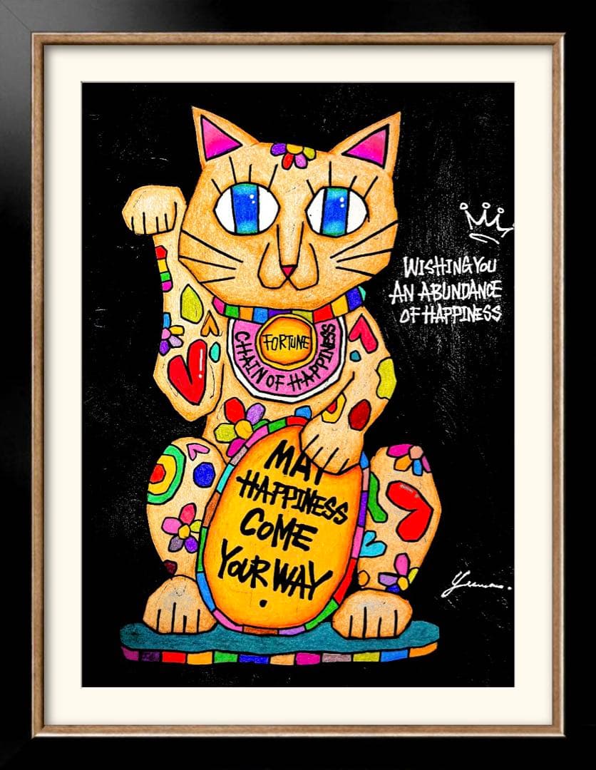 m*n様 「 逆境に灯る招き猫 」｜絵画 原画 抽象画 絵 動物画 ドローイング