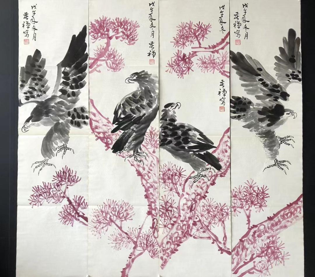 中国古美術・純手描き・四条屏・鹰画芯・国画・李苦禅印款・肉筆・宣紙・文房置物