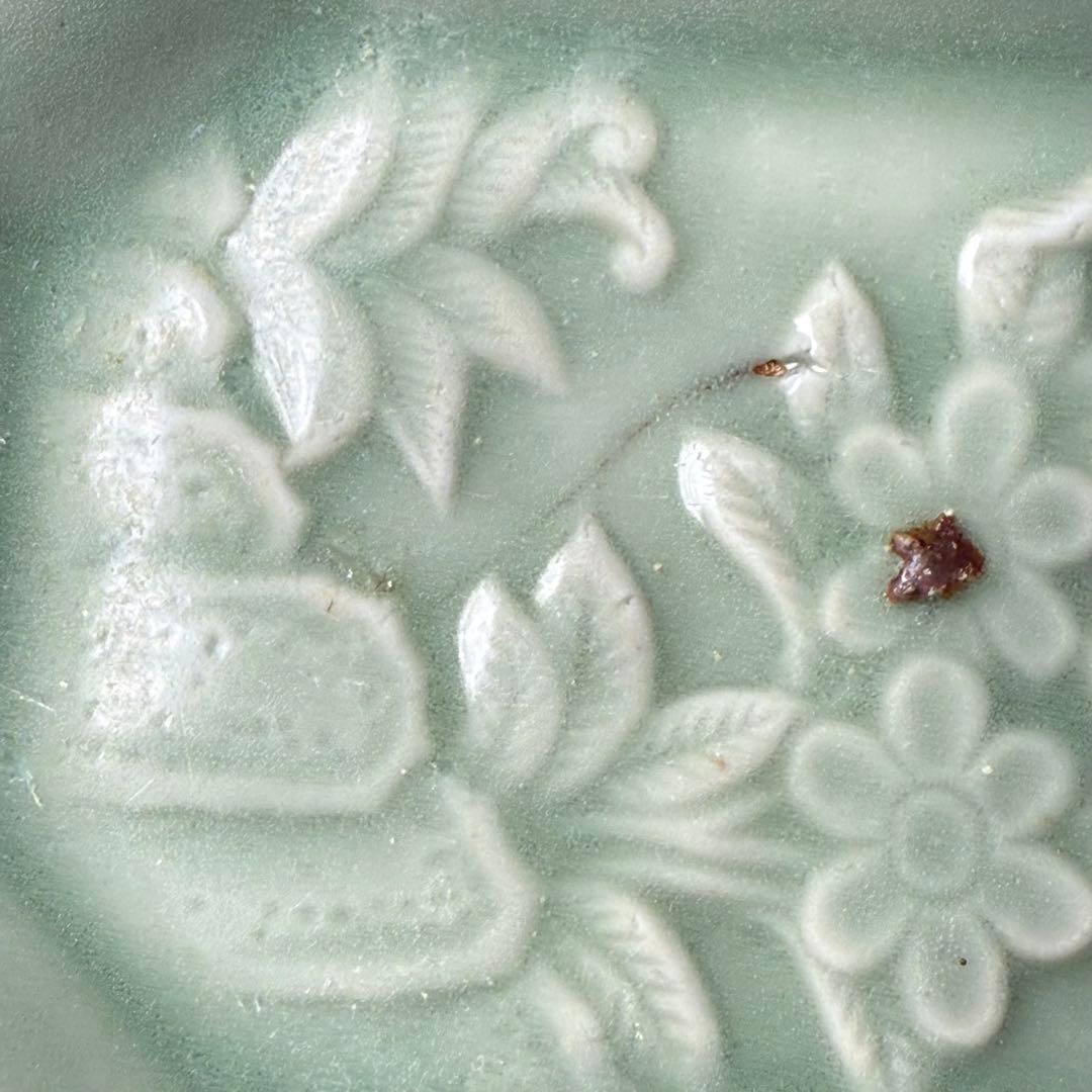 三田青磁　陽刻草花文八角皿　五点　江戸後期　古美術　骨董　希少