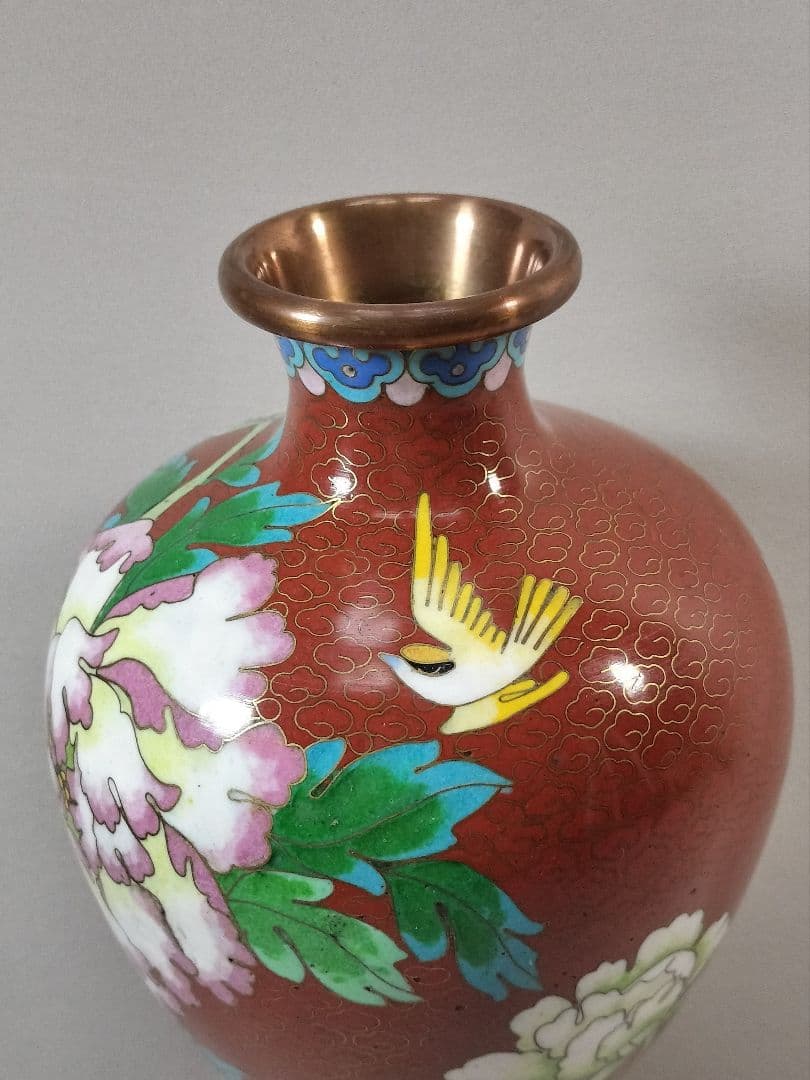 【未使用・美品】景泰藍 七宝焼 花瓶 壺 牡丹模様 20cm