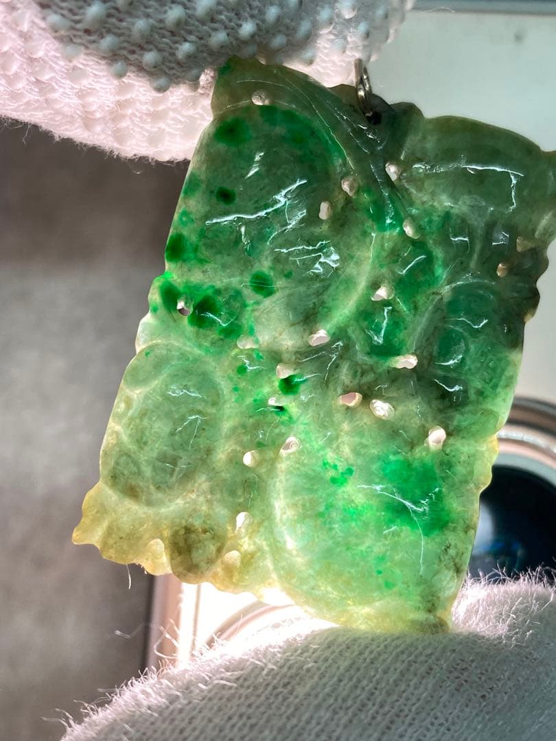 天然 古翡翠 清代 糸引透彫 K10 ペンダント 玉佩 根付