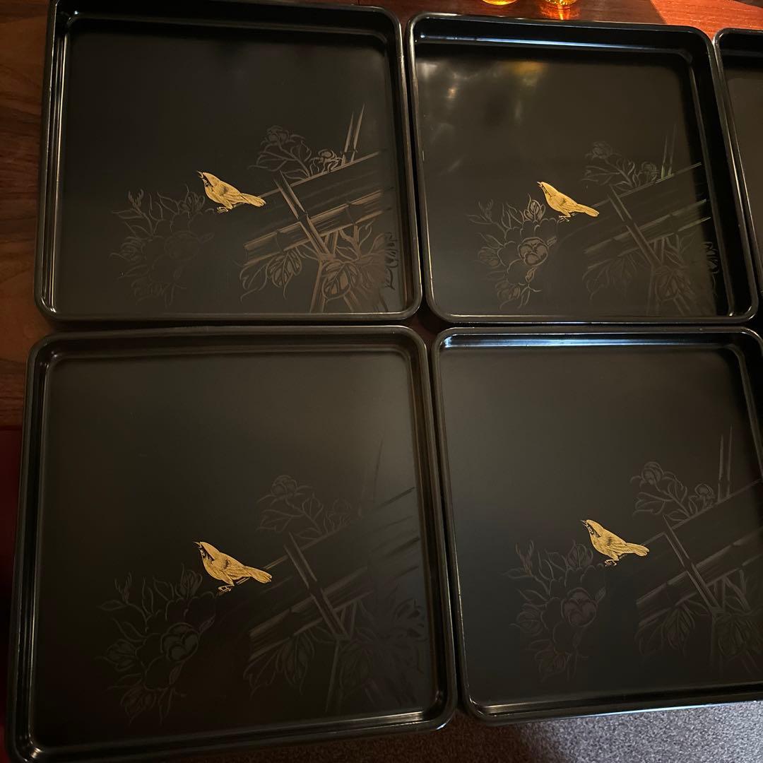 本堅地請合　漆　沈金　お盆×5