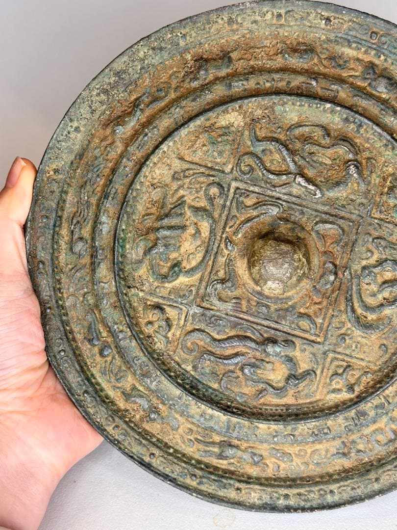 唐代 瑞獣四神文銅鏡 古鏡 青銅鏡 重厚作 銘帯入 時代物 收藏品