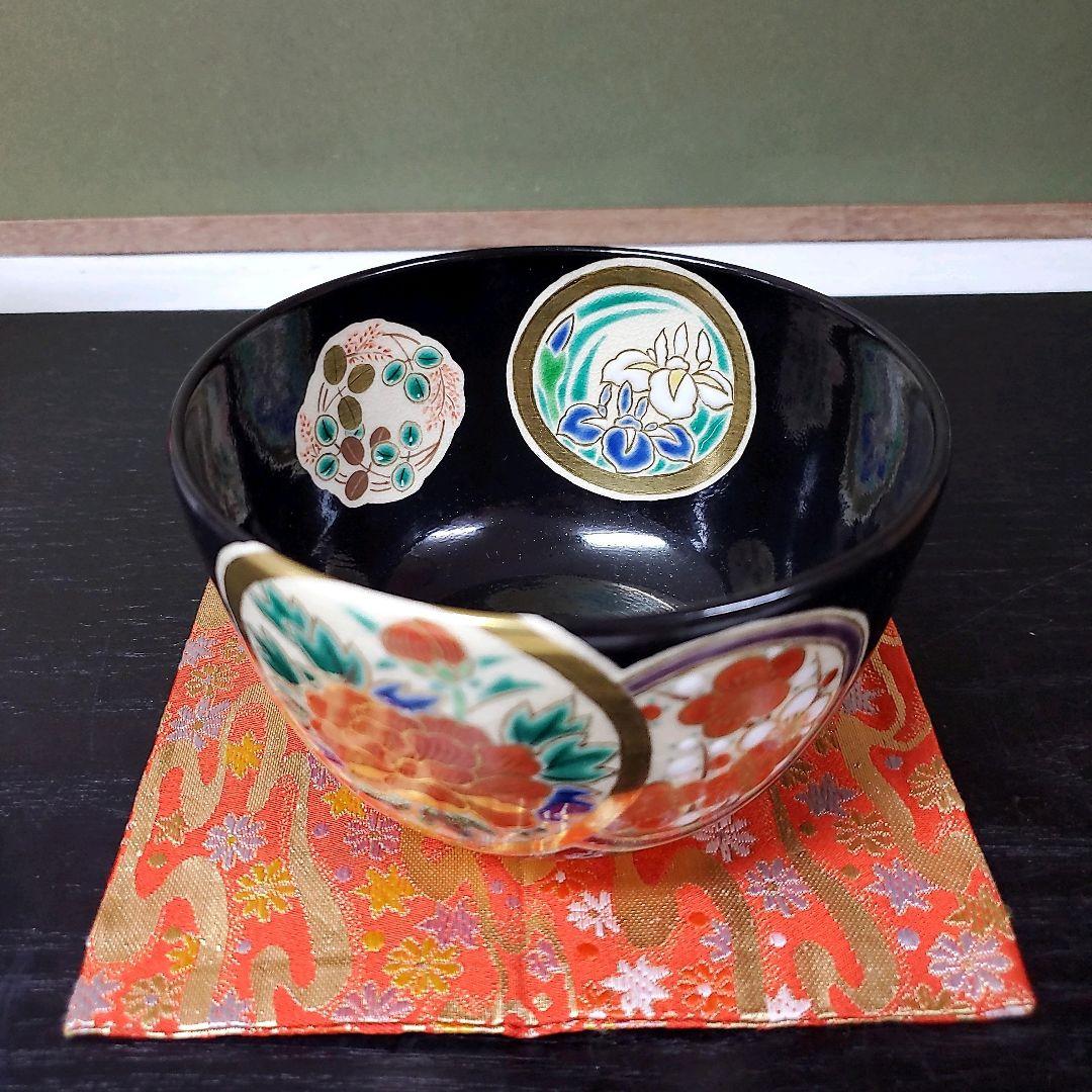 (606)✿特価★平安赤雲造★仁清黒地丸紋草花茶碗★破魔オマケ付き★