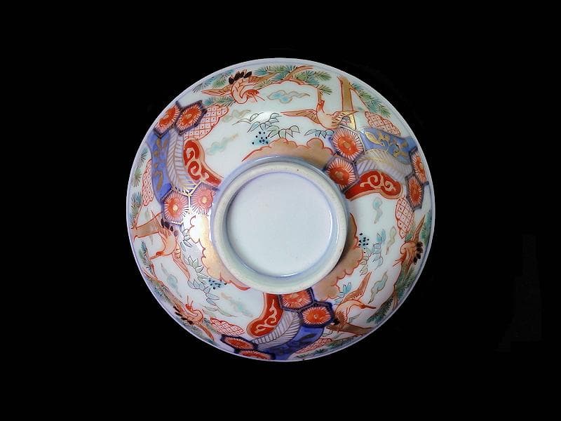 古伊万里　金襴手　雲鶴に松竹　孔雀羽に亀甲紋の図　蓋茶碗　E865AS-COf