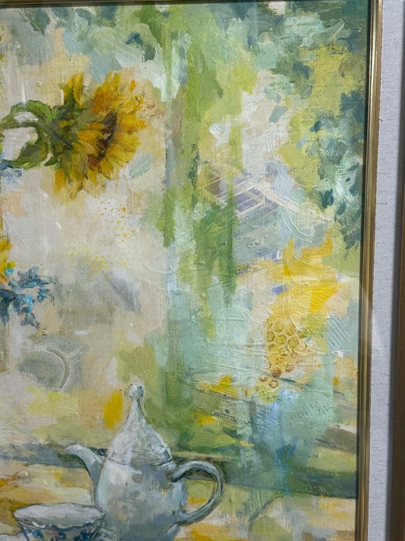 平野能子作　油彩絵　ひまわりのティータイム　額装　示現会作品　F15号　送料込み