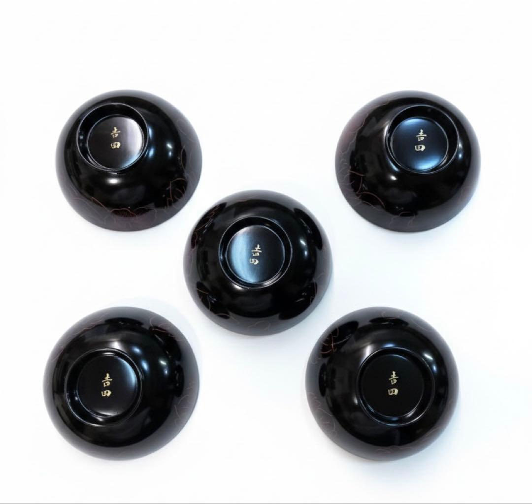 【最高級】輪島塗 沈金 牡丹彫 吸物椀 5客セット 共箱・布付き 天然木 漆器