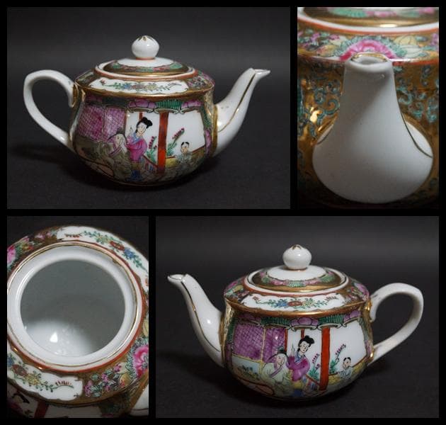 中国 広彩 粉彩色絵『窓絵美人鳥花図』 茶器セット(急須/湯呑み4個/皿)手描き