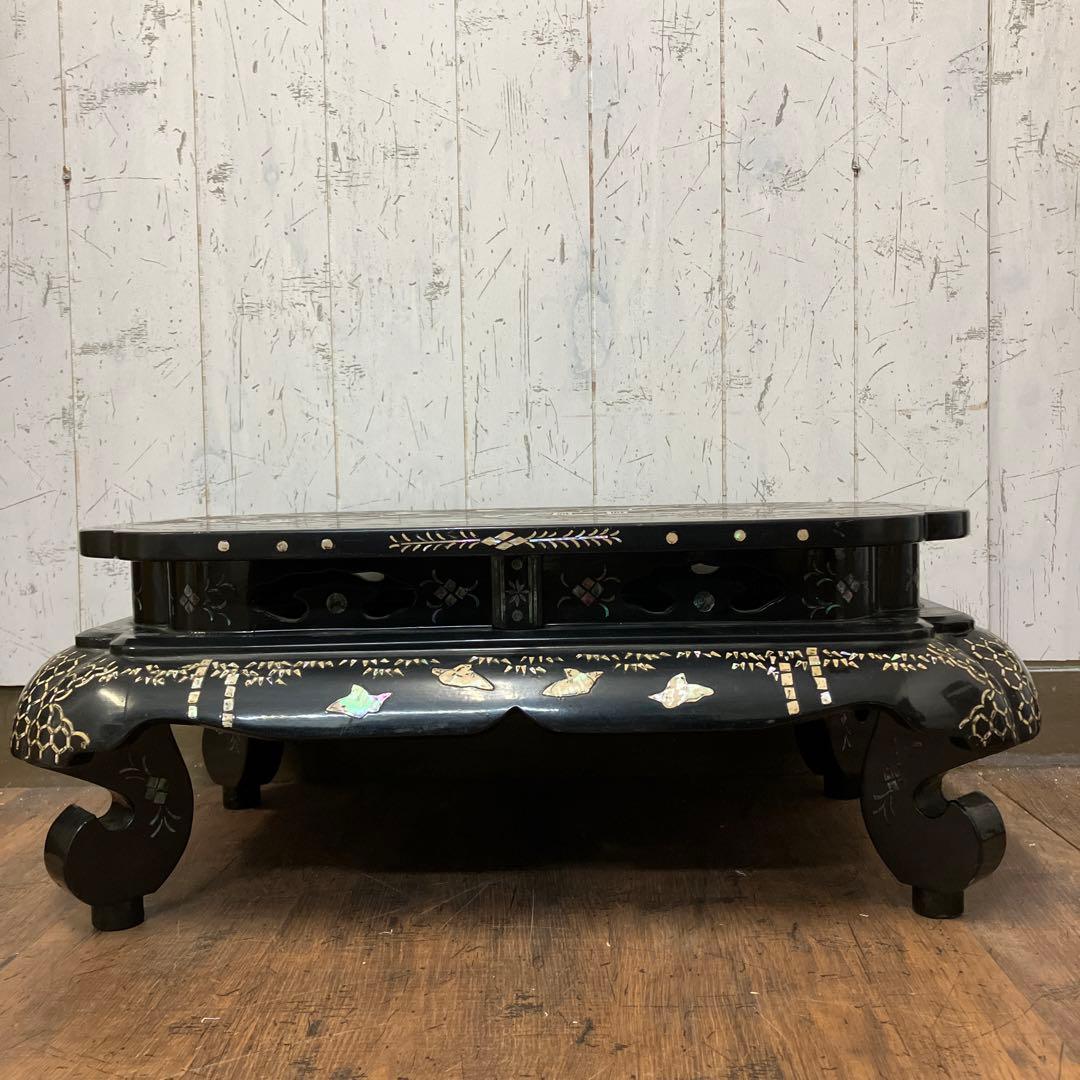 B-3 中国骨董 花台 ミニテーブル 飾り台 黒漆 風景画 絵柄 螺鈿細工 盆栽