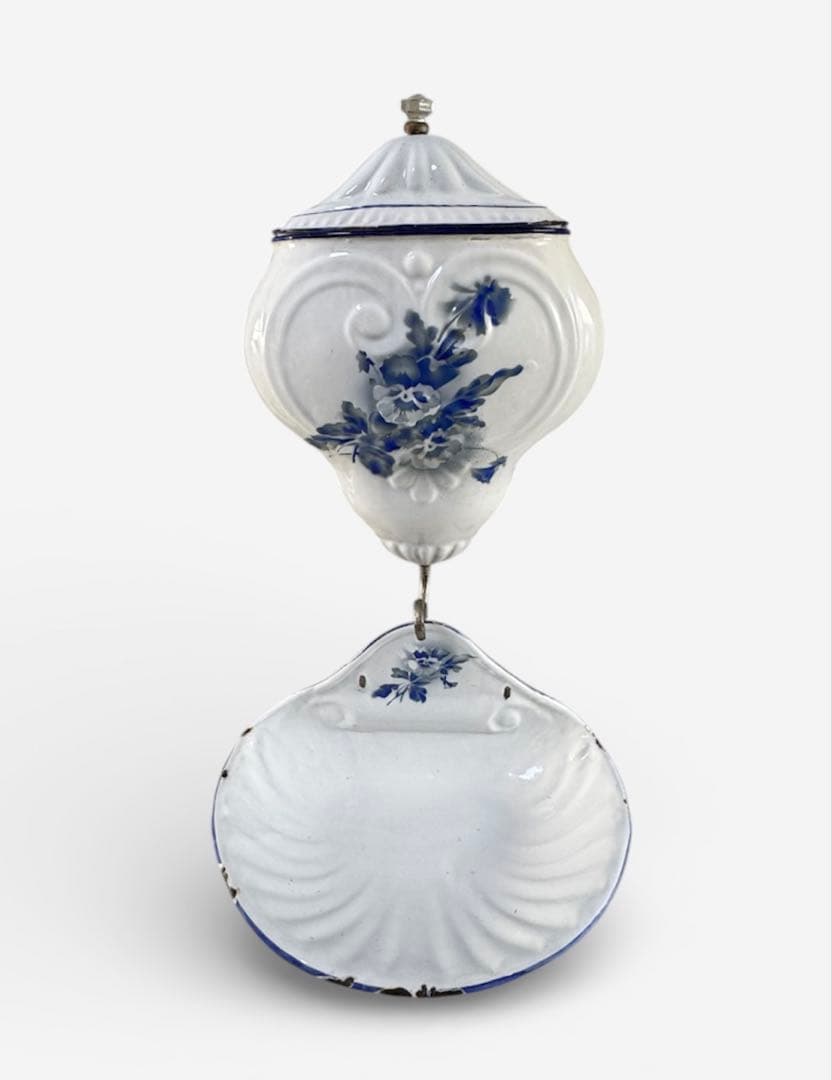 フランスアンティーク ホーロー製 ファウンテン 壁掛け手洗い器 パンジー