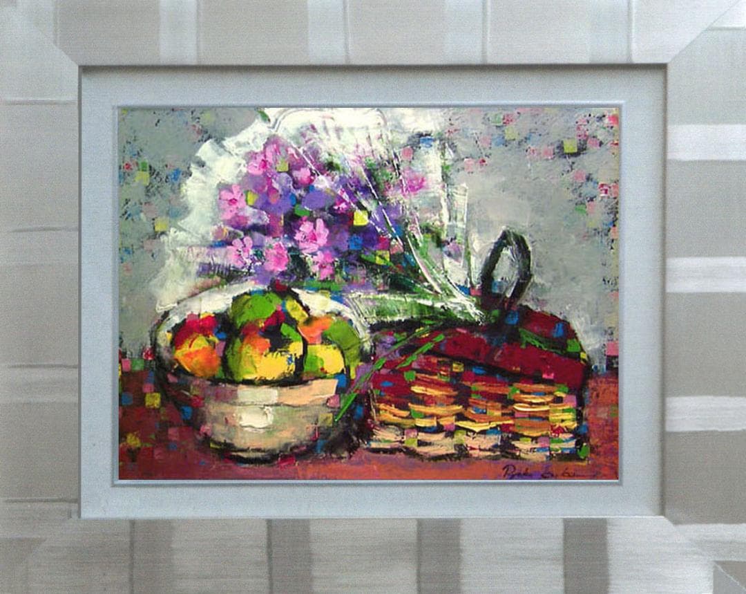 油絵 菅家令子絵 絵画インテリア 額付(白) uF6-062104 花束フルーツ