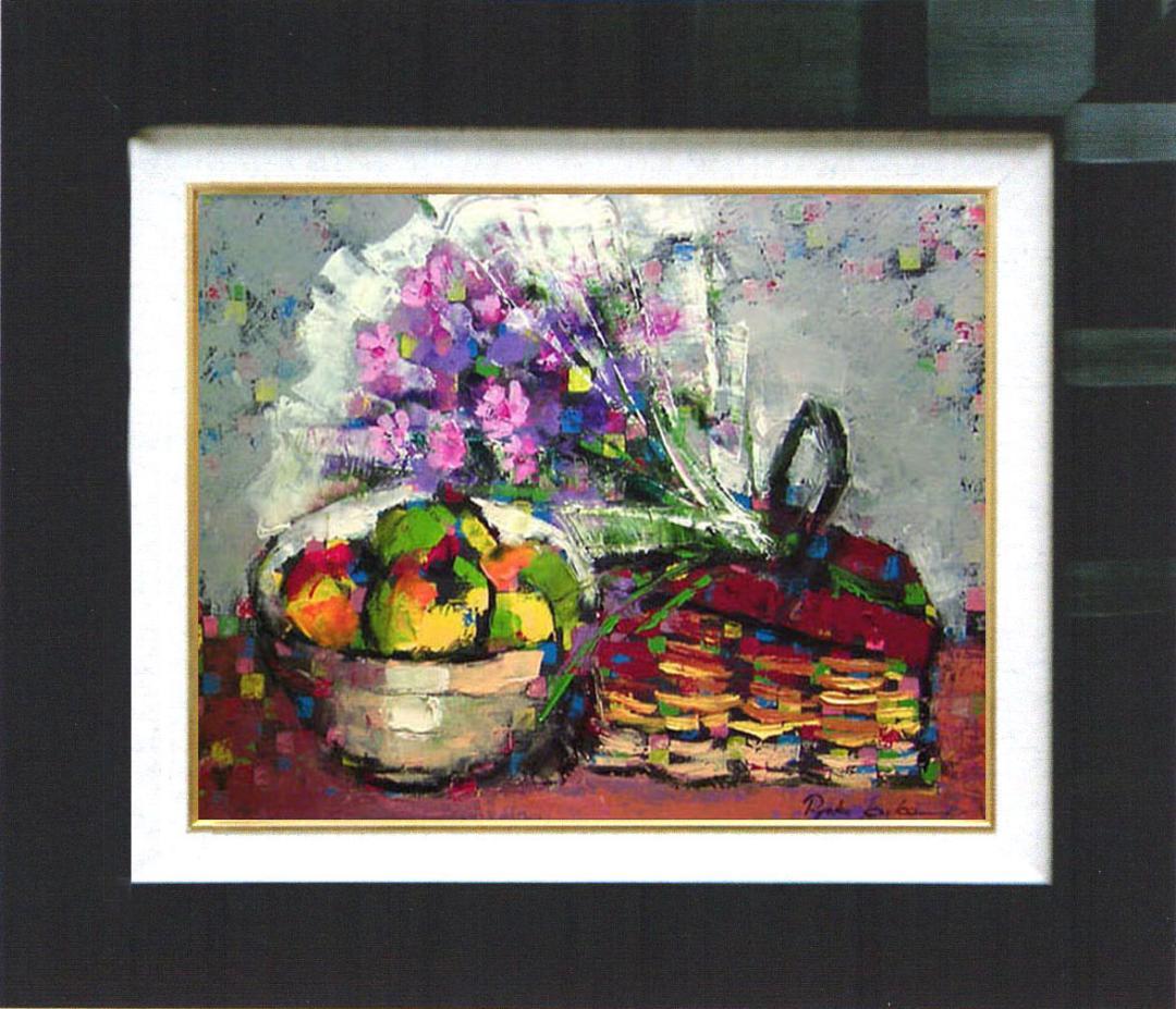 油絵 菅家令子絵 絵画インテリア 額付(白) uF6-062104 花束フルーツ