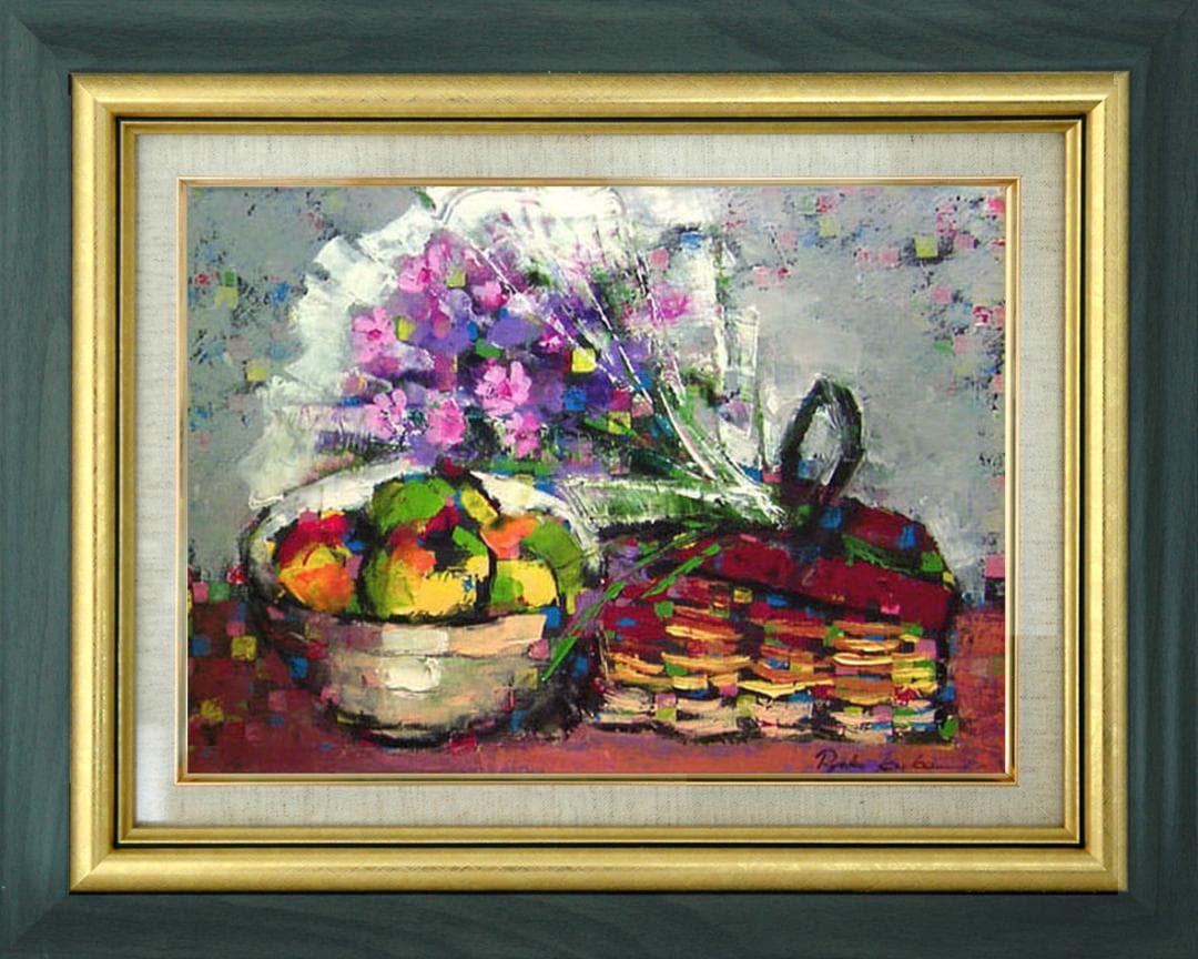 油絵 菅家令子絵 絵画インテリア 額付(白) uF6-062104 花束フルーツ