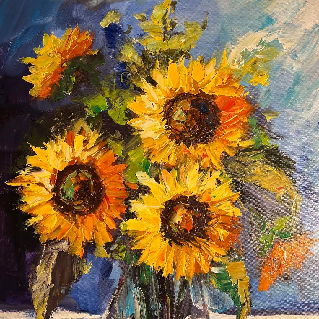 ★秀作★ 手書き油絵 花瓶のひまわり 額付き インテリア 油彩画