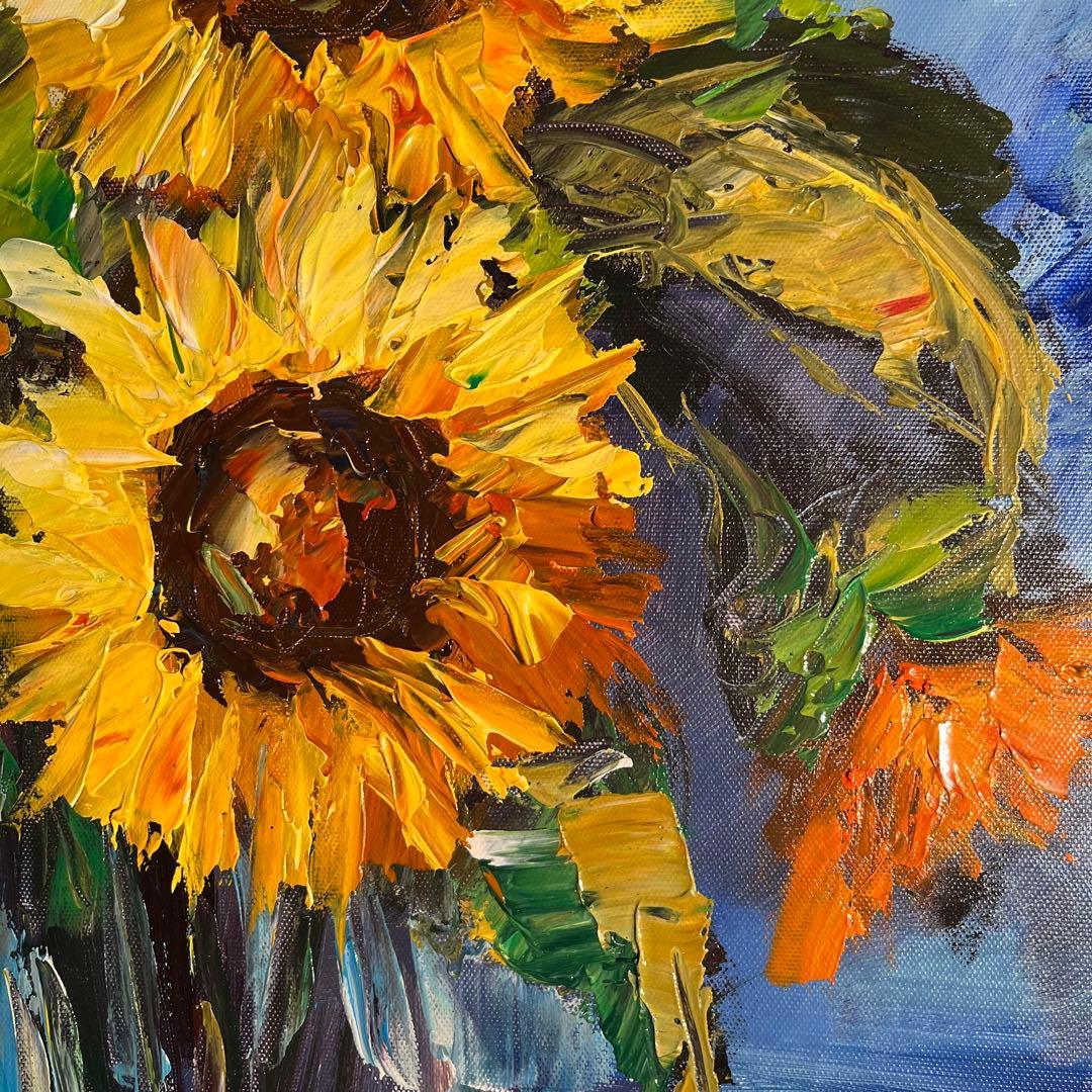 ★秀作★ 手書き油絵 花瓶のひまわり 額付き インテリア 油彩画