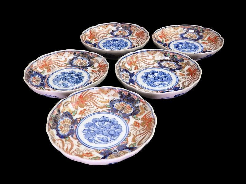 古伊万里　色絵　鳳凰に牡丹の図　４寸皿　５客　C381AS-CZc