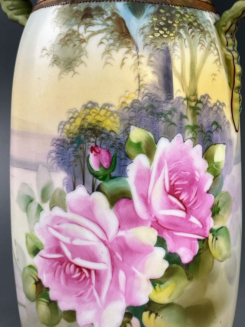 【美品】オールドノリタケ 約２５cm 薔薇紋 エナメル盛り 花瓶 アールヌーボー