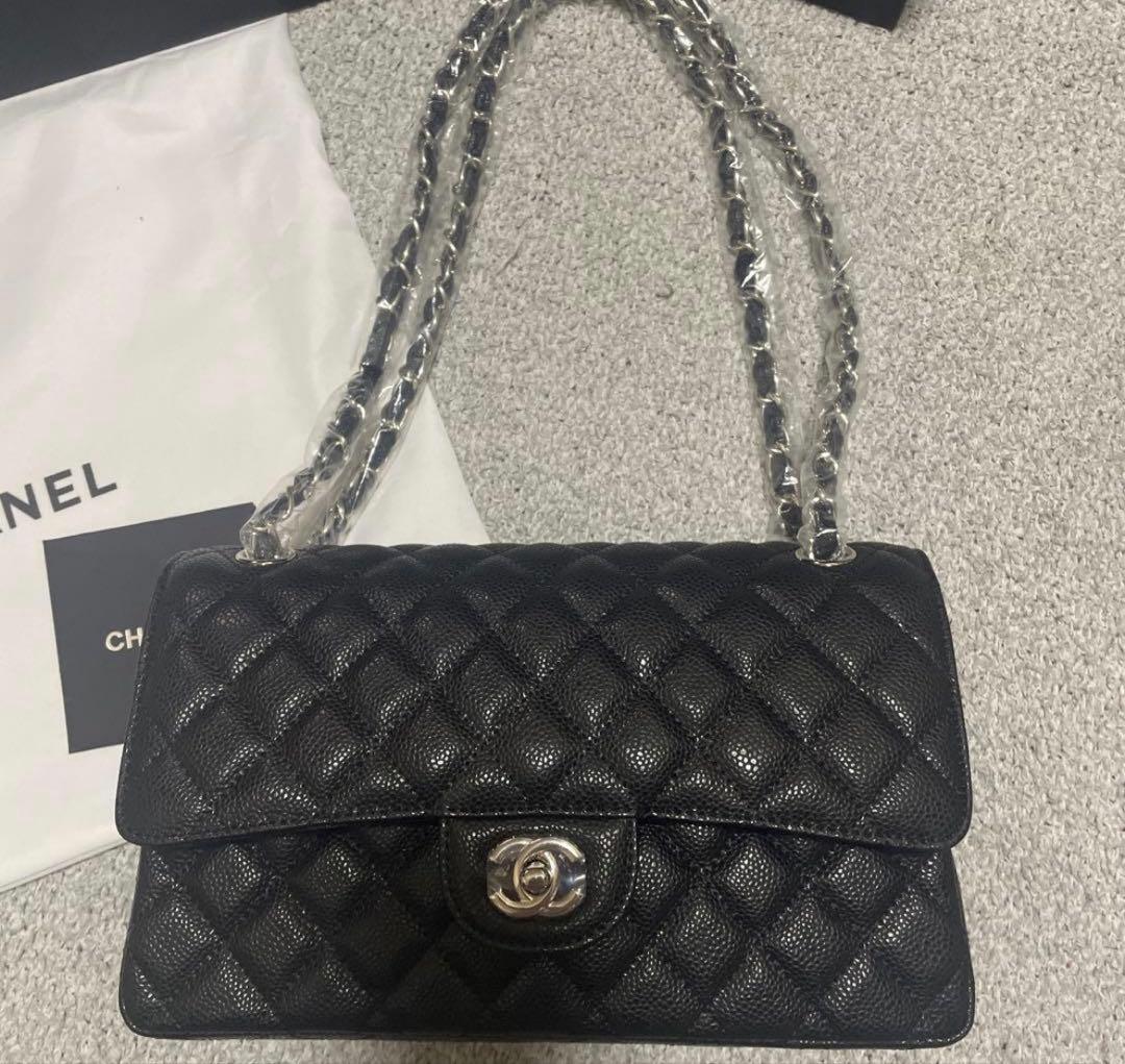 CHANEL ダブルチェーン　フラップ　キャビアスキンシルバー