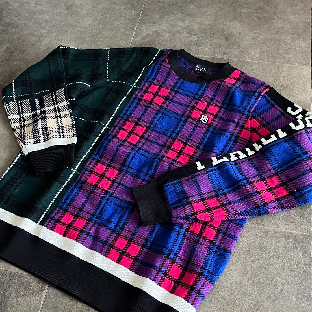 新品 パーリーゲイツ マルチチェック柄 クルーネックニット セーター