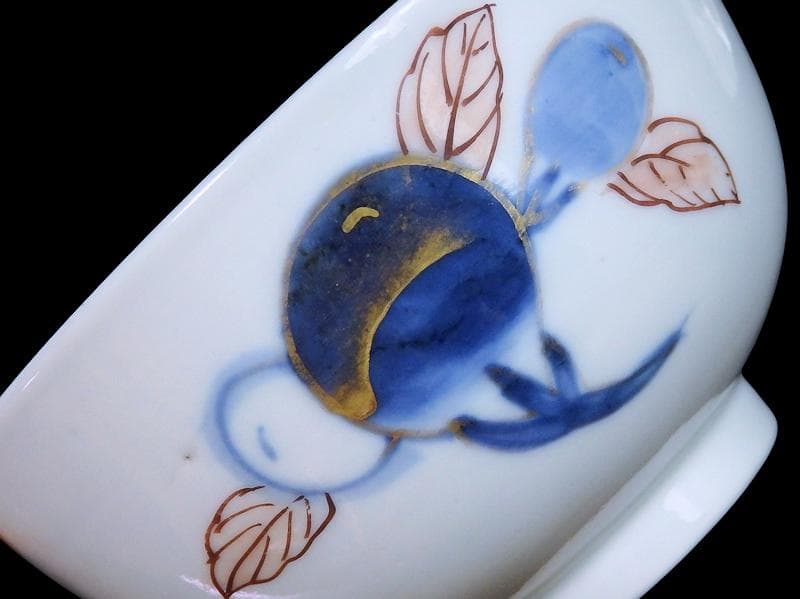 古伊万里　染錦　茄子の図　蓋茶碗　AS-DCa