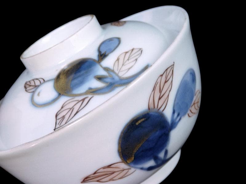 古伊万里　染錦　茄子の図　蓋茶碗　AS-DCa