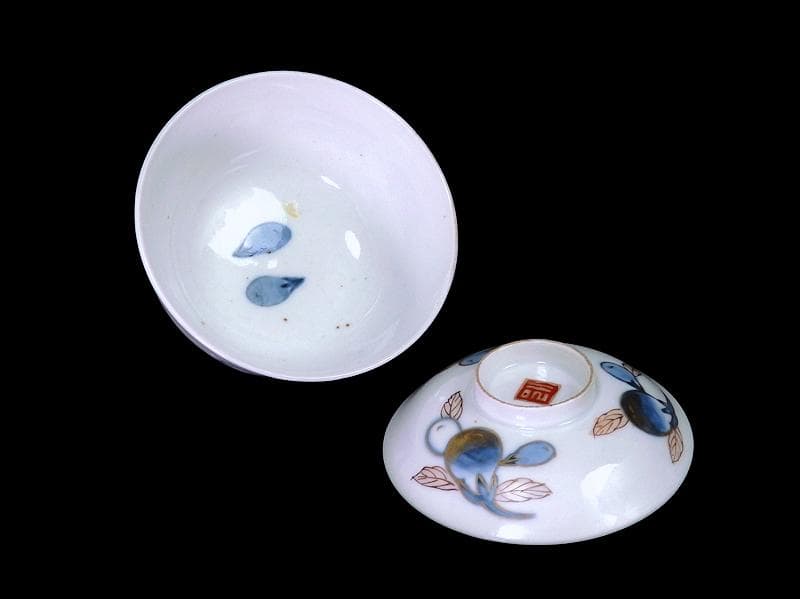 古伊万里　染錦　茄子の図　蓋茶碗　AS-DCa