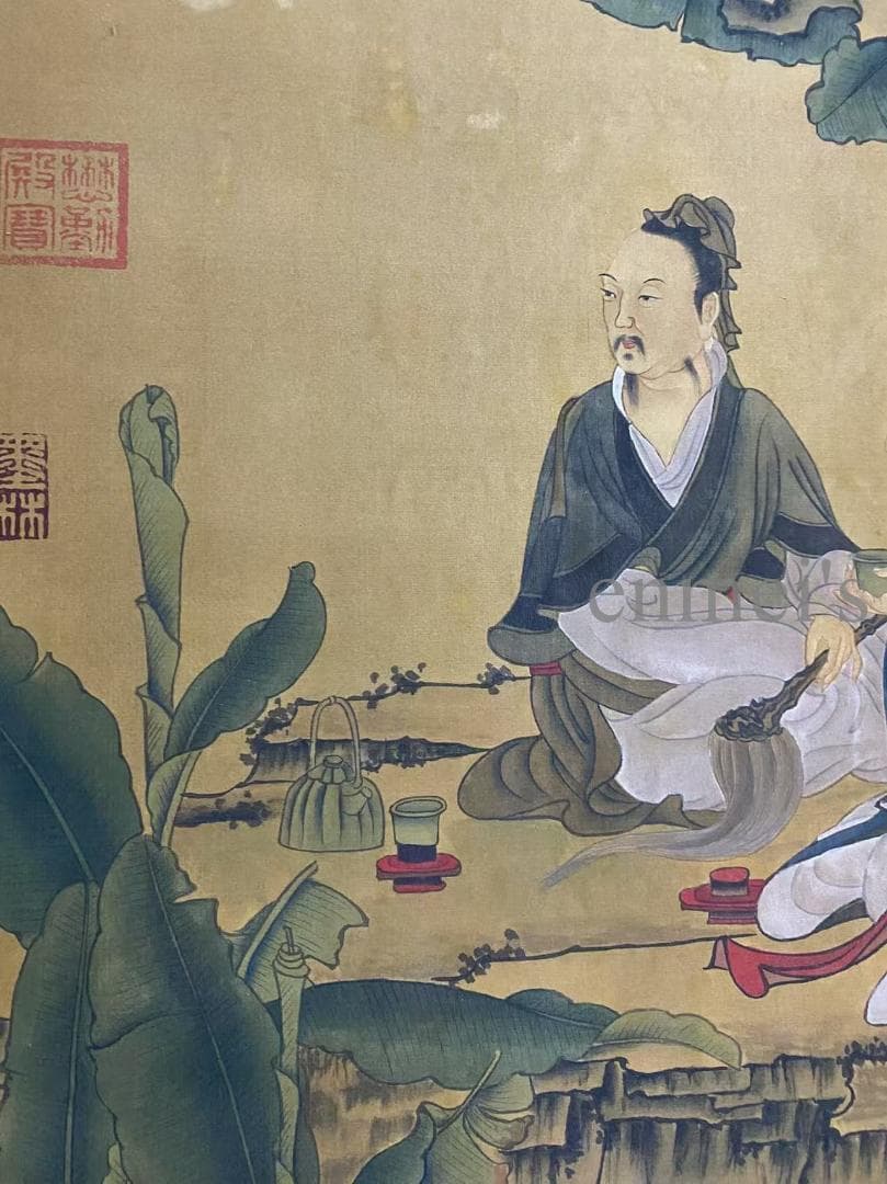 中国古美術 五代 周文矩款 人物図 掛軸 絹布 唐物 古画 書画 名家筆 水彩画