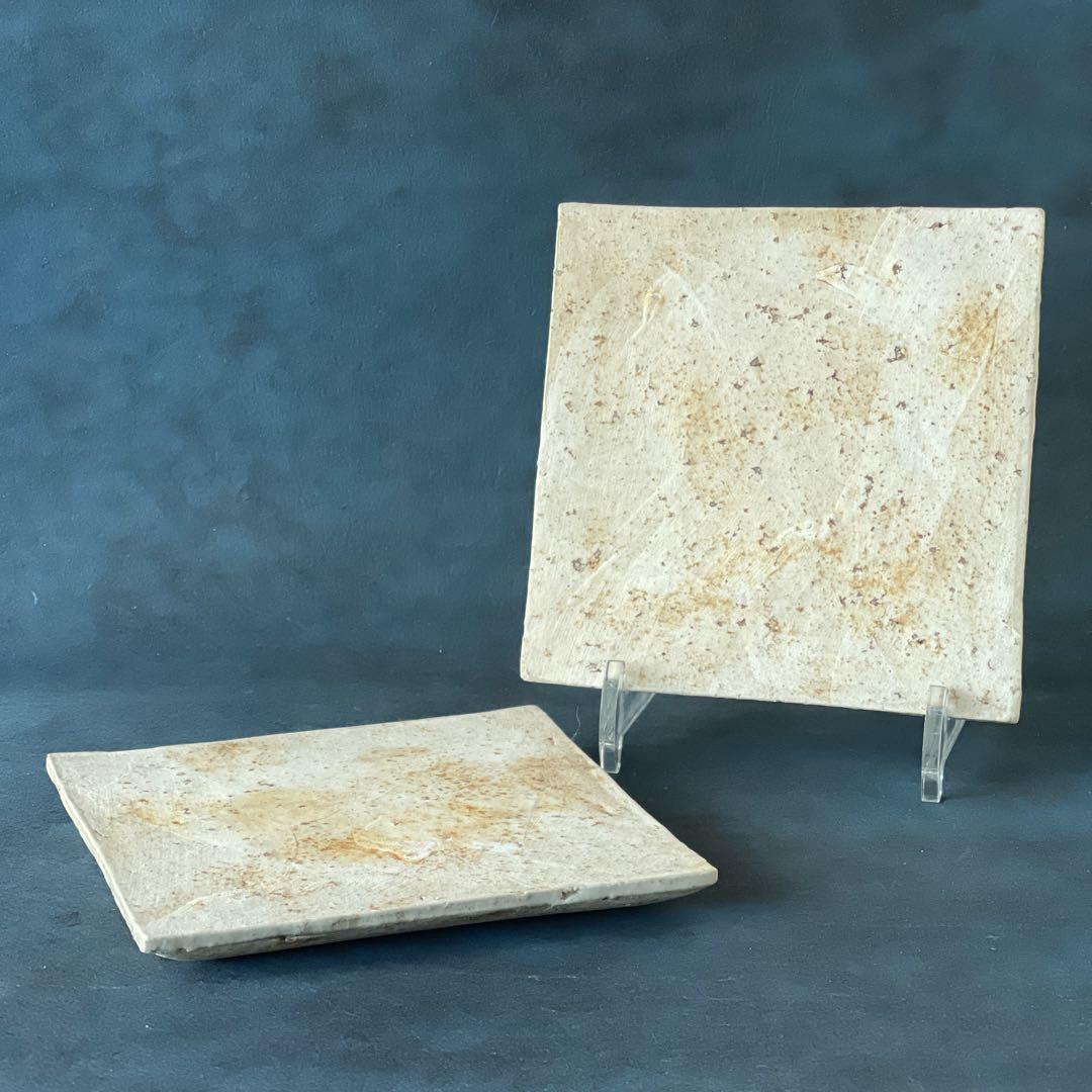 人気作家　陶芸家内田鋼一　作品 加彩陶板　角皿 角プレート2枚セット　新品未使用