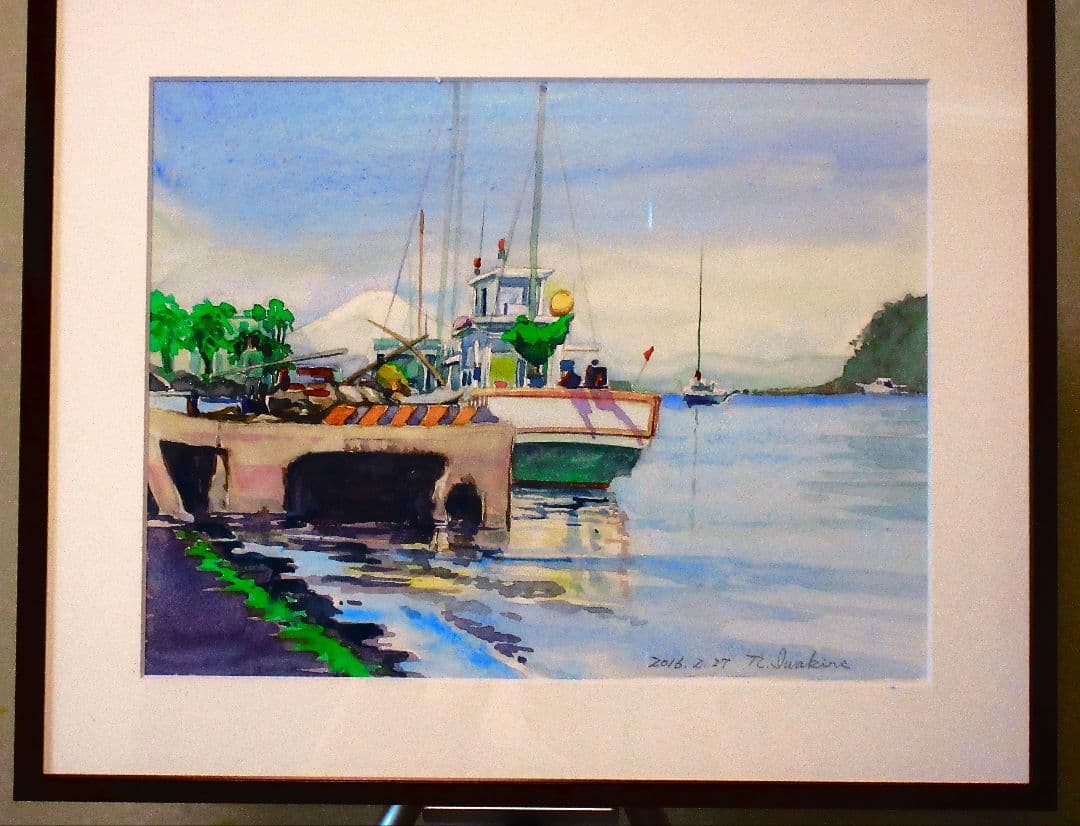 水彩画 諸磯湾からの眺め額縁付き