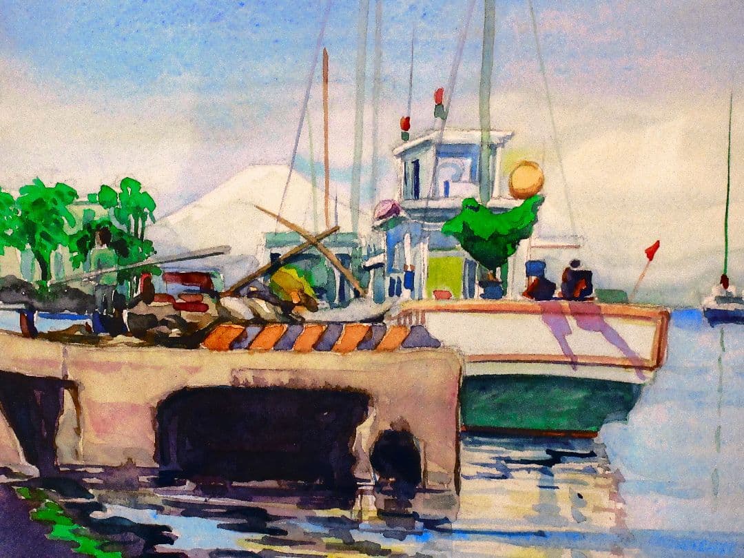 水彩画 諸磯湾からの眺め額縁付き