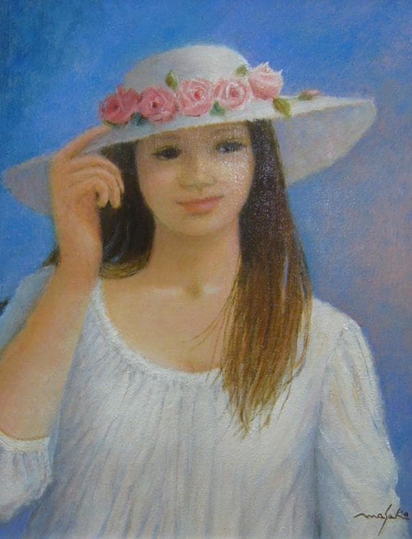 絵画 油絵  堀内政子  肉筆油絵 人物画  花帽子　F6