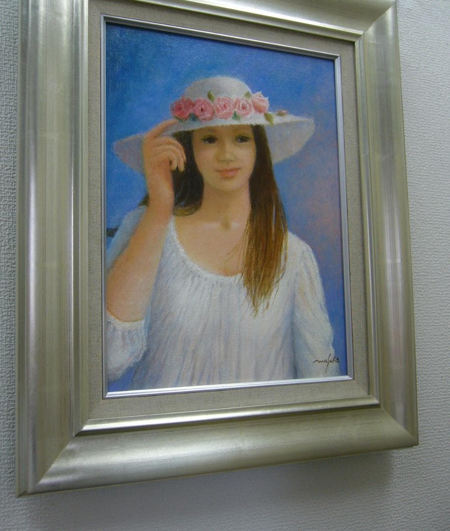 絵画 油絵  堀内政子  肉筆油絵 人物画  花帽子　F6