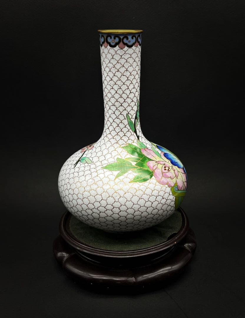 中國美術 古玩 景泰蓝 白地花瓶 七宝焼花瓶 置物