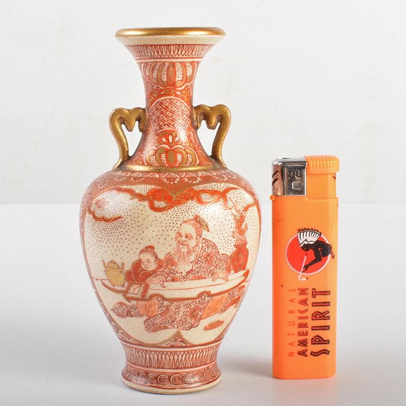 九谷焼　古九谷　吉光隆広（芳隆）造　赤絵金彩　人物文　双耳瓶　D　R7294