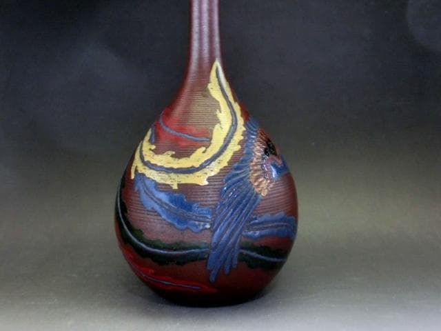 花瓶■色絵備前 鳳凰紋 花生 花器 一輪挿し 徳利型 古美術 時代物 骨董品■