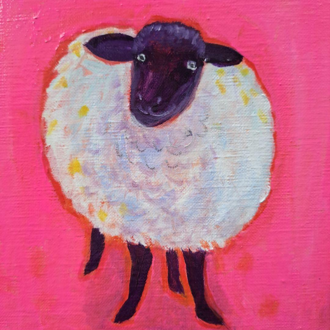 キャンバス油絵　　専用　旅をするサフォーク羊　岩山を越えて　小さめキャンバス