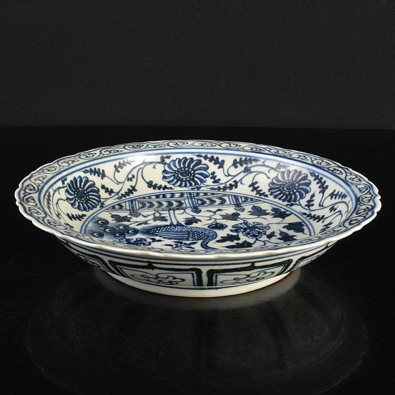 中国　青花　鳥纏枝花卉文盤　V　R6802E