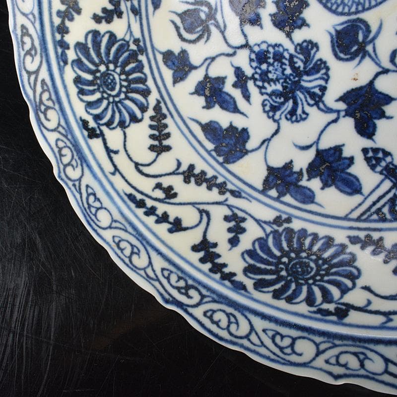 中国　青花　鳥纏枝花卉文盤　V　R6802E